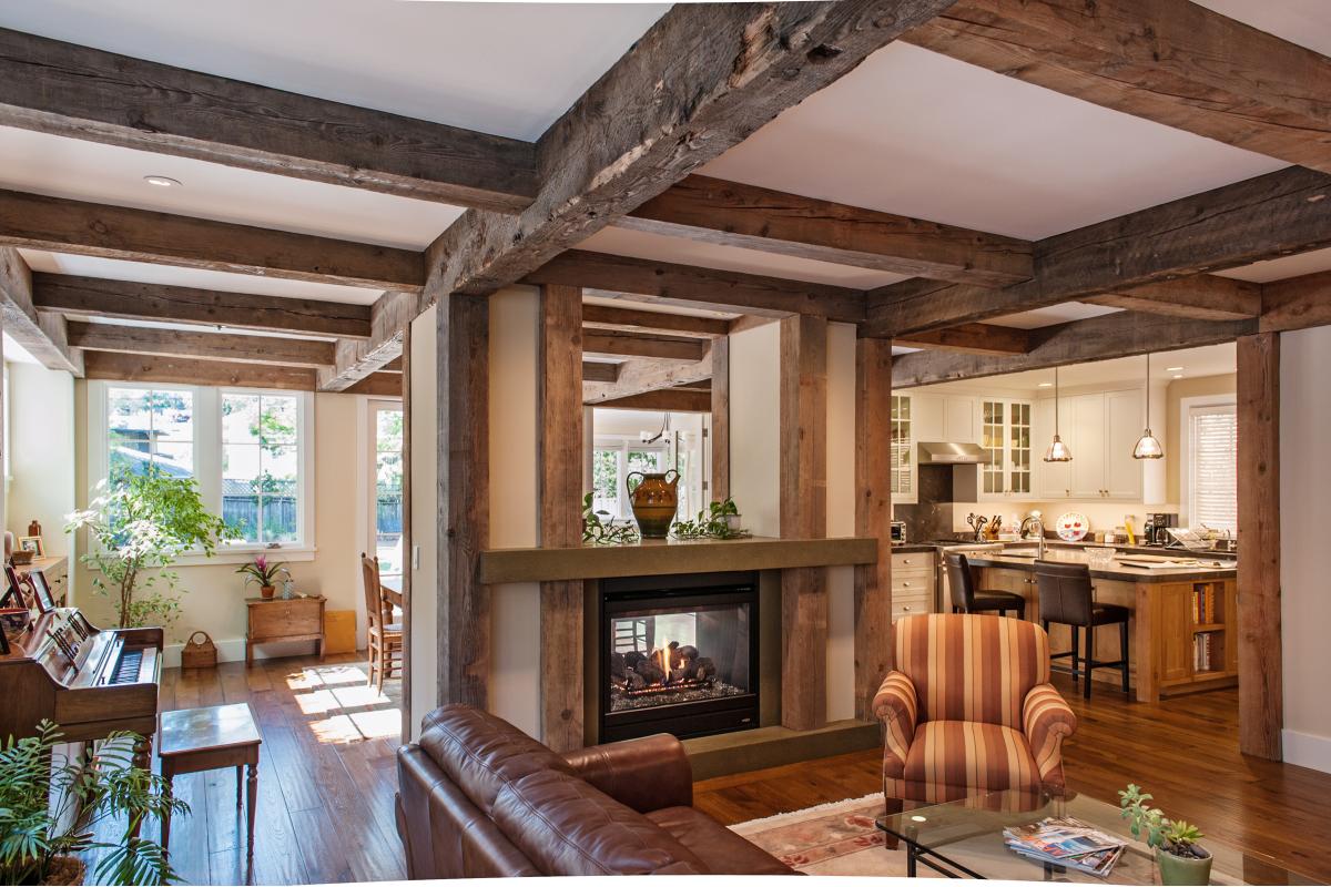 Wagstaff + Rogers Architects Craftsman Style Living Room Double Side Fireplace Reclaimed Beams Concrete Mantle Hearth Hand Scraped Hardwood Floor