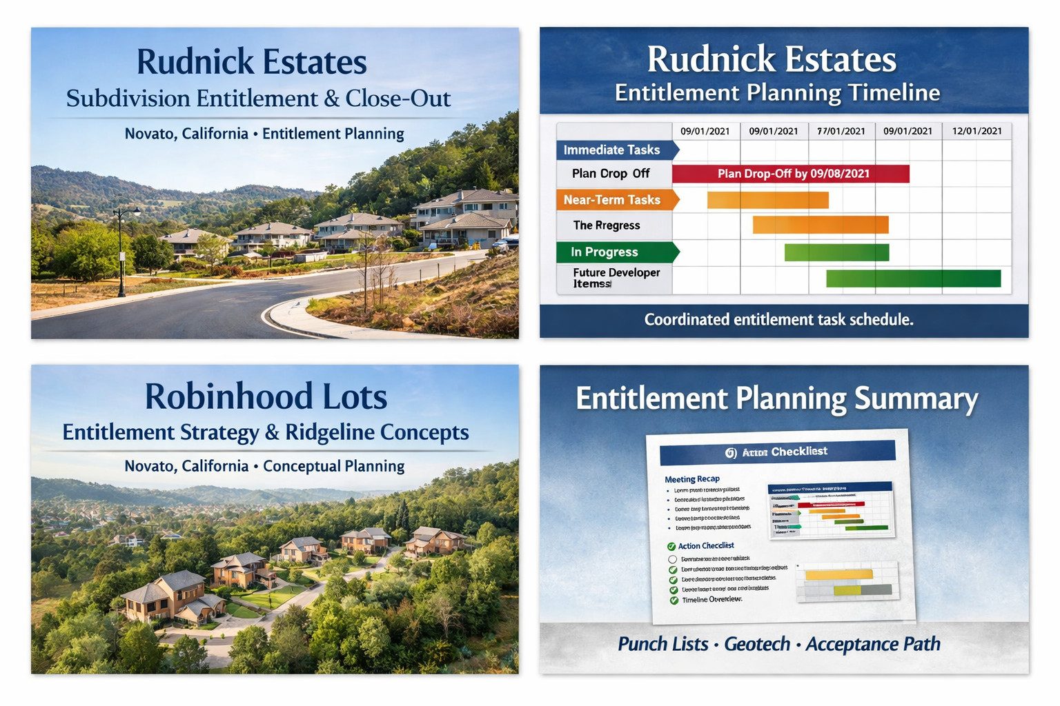 A four-panel image showcasing entitlement planning work by Wagstaff + Rogers Architects, including Rudnick Estates subdivision coordination, an entitlement planning timeline, Robinhood Lots ridgeline-sensitive development concepts, and a summary of punch-list and geotechnical tasks.